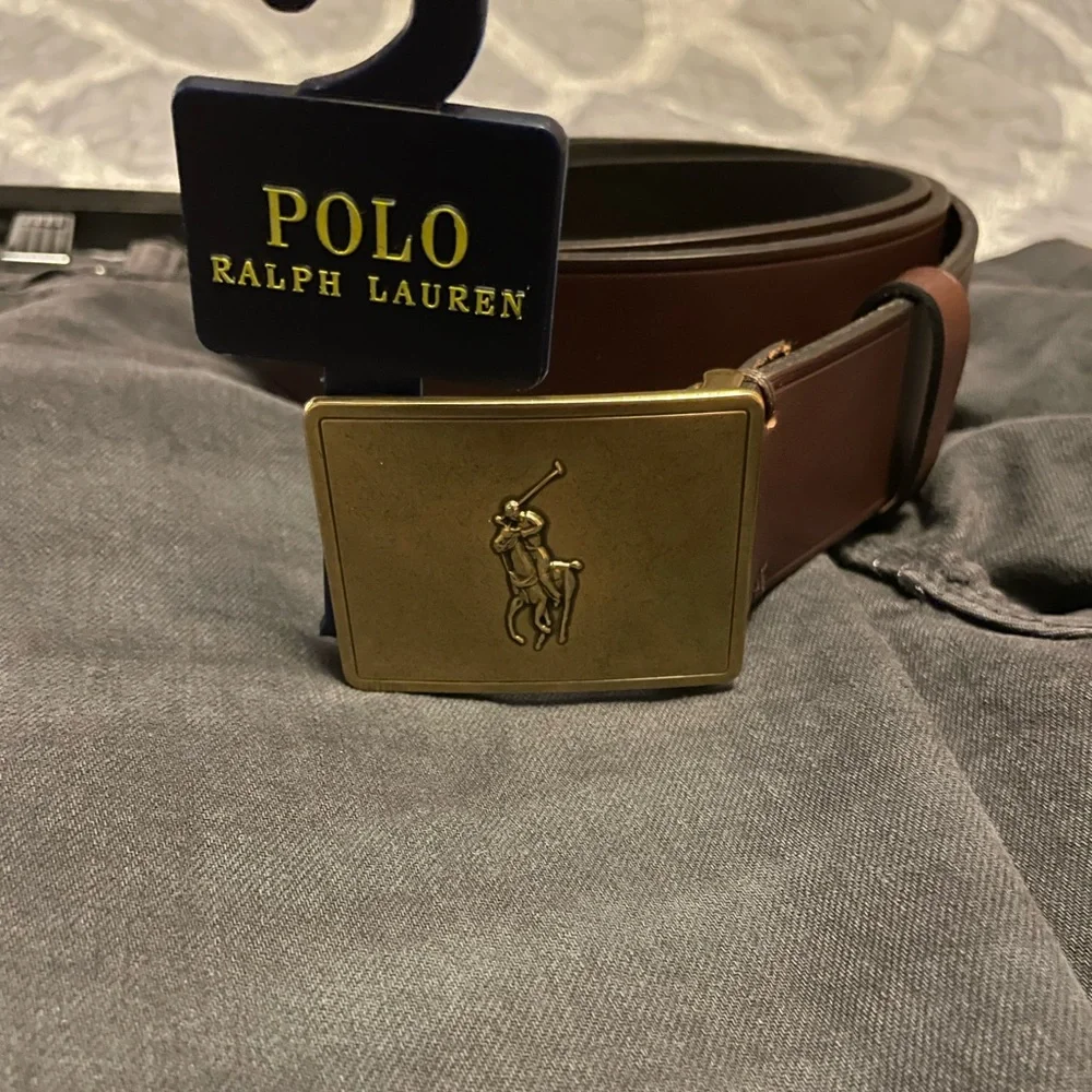 NWT  Polo Ralph Lauren Men’s Brown Leather Belt with Big Pony Gold Buckle. Sz:42